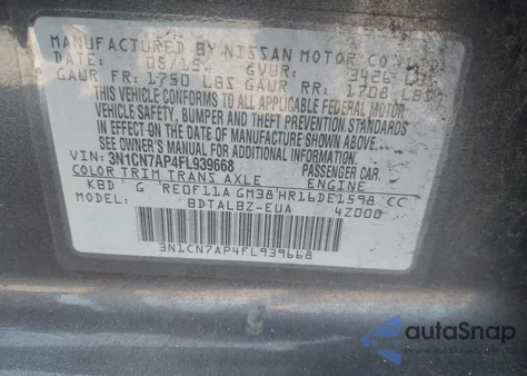 2015 Nissan Versa 1.6 Sv from USA, damaged, VIN 3N1CN7AP4FL939668